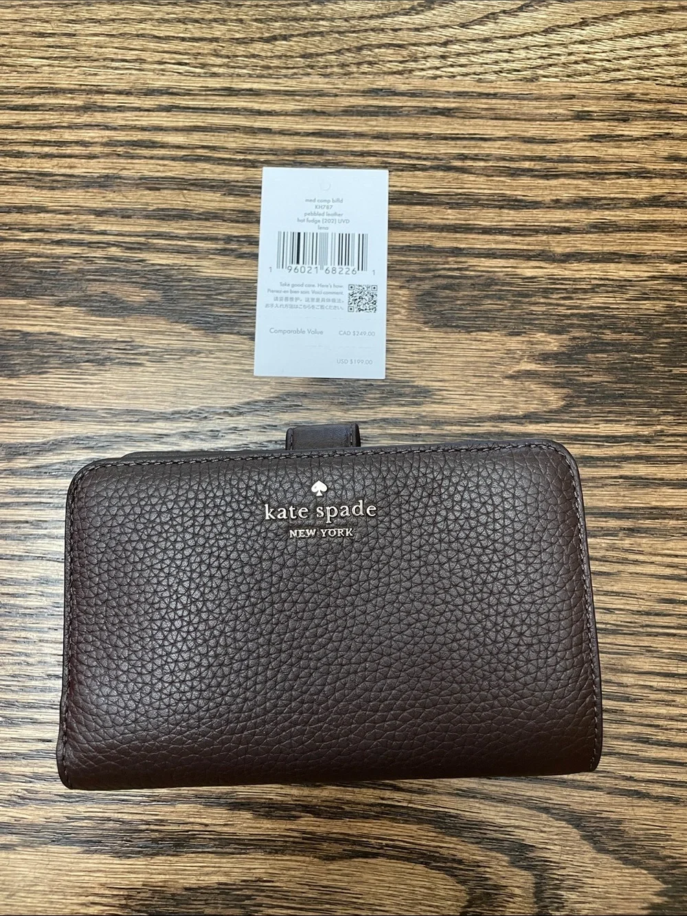 NWT kate spade brown pebbled leather zip wallet with gold logo